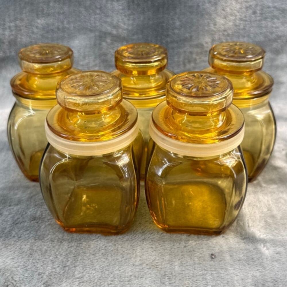 Vintage Lot of 5 Wheaton Amber Glass Spice Jars Shaker Inserts 3 Inch Original